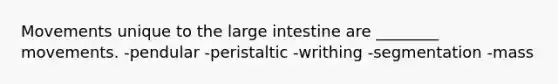Movements unique to the <a href='https://www.questionai.com/knowledge/kGQjby07OK-large-intestine' class='anchor-knowledge'>large intestine</a> are ________ movements. -pendular -peristaltic -writhing -segmentation -mass