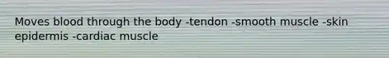 Moves blood through the body -tendon -smooth muscle -skin epidermis -cardiac muscle