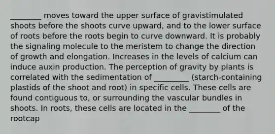 ________ moves toward the upper surface of gravistimulated shoots before the shoots curve upward, and to the lower surface of roots before the roots begin to curve downward. It is probably the signaling molecule to the meristem to change the direction of growth and elongation. Increases in the levels of calcium can induce auxin production. The perception of gravity by plants is correlated with the sedimentation of _________ (starch-containing plastids of the shoot and root) in specific cells. These cells are found contiguous to, or surrounding the vascular bundles in shoots. In roots, these cells are located in the ________ of the rootcap