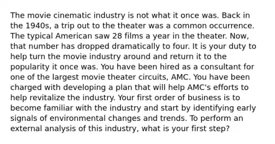 The movie cinematic industry is not what it once was. Back in the 1940s, a trip out to the theater was a common occurrence. The typical American saw 28 films a year in the theater. Now, that number has dropped dramatically to four. It is your duty to help turn the movie industry around and return it to the popularity it once was. You have been hired as a consultant for one of the largest movie theater circuits, AMC. You have been charged with developing a plan that will help AMC's efforts to help revitalize the industry. Your first order of business is to become familiar with the industry and start by identifying early signals of environmental changes and trends. To perform an external analysis of this industry, what is your first step?