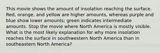 This movie shows the amount of insolation reaching the surface. Red, orange, and yellow are higher amounts, whereas purple and blue show lower amounts; green indicates intermediate amounts. Stop the movie where North America is mostly visible. What is the most likely explanation for why more insolation reaches the surface in southwestern North America than in southeastern North America?