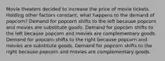 Movie theaters decided to increase the price of movie tickets. Holding other factors constant, what happens to the demand of popcorn? Demand for popcorn shifts to the left because popcorn and movies are substitute goods. Demand for popcorn shifts to the left because popcorn and movies are complementary goods. Demand for popcorn shifts to the right because popcorn and movies are substitute goods. Demand for popcorn shifts to the right because popcorn and movies are complementary goods.