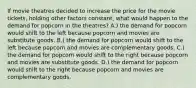 If movie theatres decided to increase the price for the movie tickets, holding other factors constant, what would happen to the demand for popcorn in the theatres? A.) the demand for popcorn would shift to the left because popcorn and movies are substitute goods. B.) the demand for popcorn would shift to the left because popcorn and movies are complementary goods. C.) the demand for popcorn would shift to the right because popcorn and movies are substitute goods. D.) the demand for popcorn would shift to the right because popcorn and movies are complementary goods.