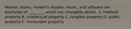 Movies, books, research​ studies, music, and software are examples of​ ________, which are intangible assets. A. freehold property B. intellectual property C. tangible property D. public property E. immovable property