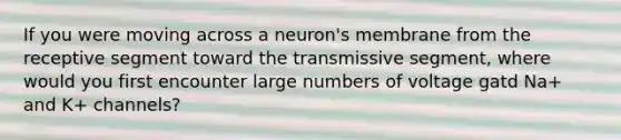 If you were moving across a neuron's membrane from the receptive segment toward the transmissive segment, where would you first encounter large numbers of voltage gatd Na+ and K+ channels?