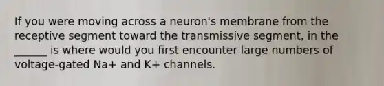 If you were moving across a neuron's membrane from the receptive segment toward the transmissive segment, in the ______ is where would you first encounter large numbers of voltage-gated Na+ and K+ channels.