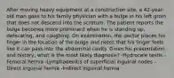 After moving heavy equipment at a construction site, a 42-year-old man goes to his family physician with a bulge in his left groin that does not descend into the scrotum. The patient reports the bulge becomes more prominent when he is standing up, defecating, and coughing. On examination, the doctor places his finger in the location of the bulge and notes that his finger feels like it can pass into the abdominal cavity. Given his presentation and history, what is the most likely diagnosis? -Hydrocele testis -Femoral hernia -Lymphadenitis of superficial inguinal nodes -Direct inguinal hernia -Indirect inguinal hernia