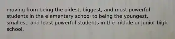 moving from being the oldest, biggest, and most powerful students in the elementary school to being the youngest, smallest, and least powerful students in the middle or junior high school.