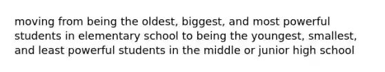 moving from being the oldest, biggest, and most powerful students in elementary school to being the youngest, smallest, and least powerful students in the middle or junior high school