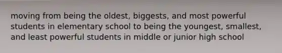 moving from being the oldest, biggests, and most powerful students in elementary school to being the youngest, smallest, and least powerful students in middle or junior high school