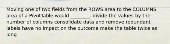 Moving one of two fields from the ROWS area to the COLUMNS area of a PivotTable would ________. divide the values by the number of columns consolidate data and remove redundant labels have no impact on the outcome make the table twice as long