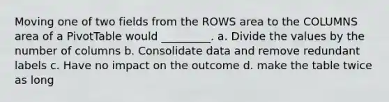 Moving one of two fields from the ROWS area to the COLUMNS area of a PivotTable would _________. a. Divide the values by the number of columns b. Consolidate data and remove redundant labels c. Have no impact on the outcome d. make the table twice as long