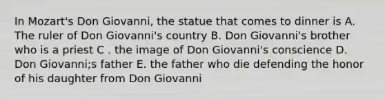 In Mozart's Don Giovanni, the statue that comes to dinner is A. The ruler of Don Giovanni's country B. Don Giovanni's brother who is a priest C . the image of Don Giovanni's conscience D. Don Giovanni;s father E. the father who die defending the honor of his daughter from Don Giovanni