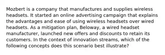 Mozbert is a company that manufactures and supplies wireless headsets. It started an online advertising campaign that explains the advantages and ease of using wireless headsets over wired headsets. As a mitigation plan, Beloway, a wired headset manufacturer, launched new offers and discounts to retain its customers. In the context of innovation streams, which of the following concepts does this scenario best illustrate?