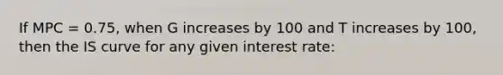 If MPC = 0.75, when G increases by 100 and T increases by 100, then the IS curve for any given interest rate: