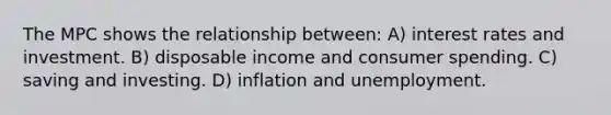 The MPC shows the relationship between: A) interest rates and investment. B) disposable income and consumer spending. C) saving and investing. D) inflation and unemployment.