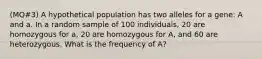 (MQ#3) A hypothetical population has two alleles for a gene: A and a. In a random sample of 100 individuals, 20 are homozygous for a, 20 are homozygous for A, and 60 are heterozygous. What is the frequency of A?