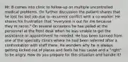 Mr. B comes into clinic to follow-up on multiple uncontrolled medical problems. On further discussion the patient shares that he lost his last job due to recurrent conflict with a co-worker. He shares his frustration that "everyone is out for me because they're racist." On several occasions he has yelled at the personnel at the front desk when he was unable to get the assistance or appointment he needed. He has been banned from one of the specialty clinics where he had been referred after a confrontation with staff there. He wonders why he is always getting kicked out of places and feels he has cause and a "right" to be angry. How do you prepare for this situation and handle it?