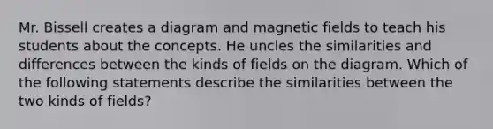 Mr. Bissell creates a diagram and magnetic fields to teach his students about the concepts. He uncles the similarities and differences between the kinds of fields on the diagram. Which of the following statements describe the similarities between the two kinds of fields?