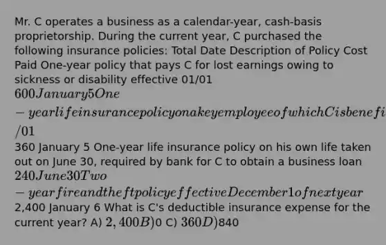 Mr. C operates a business as a calendar-year, cash-basis proprietorship. During the current year, C purchased the following insurance policies: Total Date Description of Policy Cost Paid One-year policy that pays C for lost earnings owing to sickness or disability effective 01/01 600 January 5 One-year life insurance policy on a key employee of which C is beneficiary effective 01/01360 January 5 One-year life insurance policy on his own life taken out on June 30, required by bank for C to obtain a business loan 240 June 30 Two-year fire and theft policy effective December 1 of next year2,400 January 6 What is C's deductible insurance expense for the current year? A) 2,400 B)0 C) 360 D)840