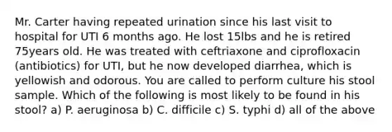 Mr. Carter having repeated urination since his last visit to hospital for UTI 6 months ago. He lost 15lbs and he is retired 75years old. He was treated with ceftriaxone and ciprofloxacin (antibiotics) for UTI, but he now developed diarrhea, which is yellowish and odorous. You are called to perform culture his stool sample. Which of the following is most likely to be found in his stool? a) P. aeruginosa b) C. difficile c) S. typhi d) all of the above