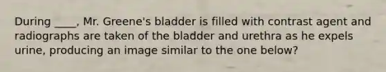 During ____, Mr. Greene's bladder is filled with contrast agent and radiographs are taken of the bladder and urethra as he expels urine, producing an image similar to the one below?