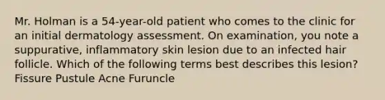 Mr. Holman is a 54-year-old patient who comes to the clinic for an initial dermatology assessment. On examination, you note a suppurative, inflammatory skin lesion due to an infected hair follicle. Which of the following terms best describes this lesion? Fissure Pustule Acne Furuncle