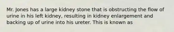 Mr. Jones has a large kidney stone that is obstructing the flow of urine in his left kidney, resulting in kidney enlargement and backing up of urine into his ureter. This is known as