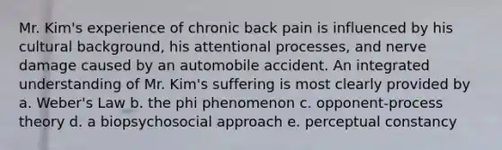 Mr. Kim's experience of chronic back pain is influenced by his cultural background, his attentional processes, and nerve damage caused by an automobile accident. An integrated understanding of Mr. Kim's suffering is most clearly provided by a. Weber's Law b. the phi phenomenon c. opponent-process theory d. a biopsychosocial approach e. <a href='https://www.questionai.com/knowledge/kR69c1pZED-perceptual-constancy' class='anchor-knowledge'>perceptual constancy</a>