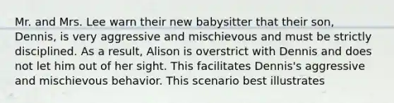 Mr. and Mrs. Lee warn their new babysitter that their son, Dennis, is very aggressive and mischievous and must be strictly disciplined. As a result, Alison is overstrict with Dennis and does not let him out of her sight. This facilitates Dennis's aggressive and mischievous behavior. This scenario best illustrates