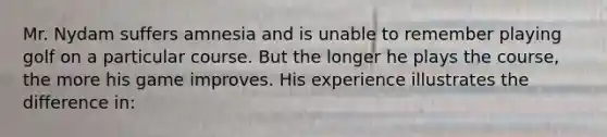 Mr. Nydam suffers amnesia and is unable to remember playing golf on a particular course. But the longer he plays the course, the more his game improves. His experience illustrates the difference in: