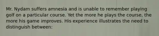 Mr. Nydam suffers amnesia and is unable to remember playing golf on a particular course. Yet the more he plays the course, the more his game improves. His experience illustrates the need to distinguish between: