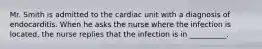 Mr. Smith is admitted to the cardiac unit with a diagnosis of endocarditis. When he asks the nurse where the infection is located, the nurse replies that the infection is in __________.