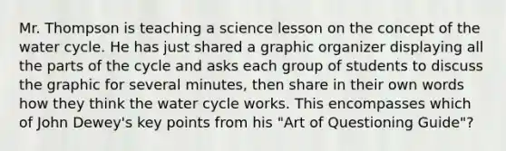 Mr. Thompson is teaching a science lesson on the concept of the water cycle. He has just shared a graphic organizer displaying all the parts of the cycle and asks each group of students to discuss the graphic for several minutes, then share in their own words how they think the water cycle works. This encompasses which of John Dewey's key points from his "Art of Questioning Guide"?