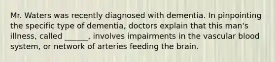 Mr. Waters was recently diagnosed with dementia. In pinpointing the specific type of dementia, doctors explain that this man's illness, called ______, involves impairments in the vascular blood system, or network of arteries feeding the brain.