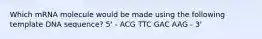 Which mRNA molecule would be made using the following template DNA sequence? 5' - ACG TTC GAC AAG - 3'