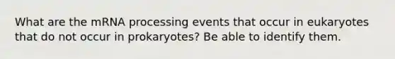 What are the mRNA processing events that occur in eukaryotes that do not occur in prokaryotes? Be able to identify them.