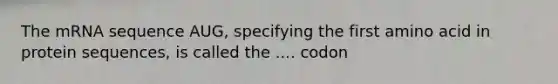 The mRNA sequence AUG, specifying the first amino acid in protein sequences, is called the .... codon