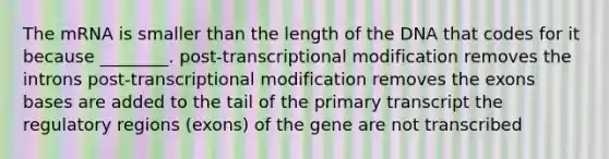 The mRNA is smaller than the length of the DNA that codes for it because ________. post-transcriptional modification removes the introns post-transcriptional modification removes the exons bases are added to the tail of the primary transcript the regulatory regions (exons) of the gene are not transcribed