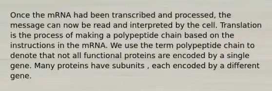 Once the mRNA had been transcribed and processed, the message can now be read and interpreted by the cell. Translation is the process of making a polypeptide chain based on the instructions in the mRNA. We use the term polypeptide chain to denote that not all functional proteins are encoded by a single gene. Many proteins have subunits , each encoded by a different gene.