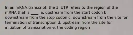 In an mRNA transcript, the 3' UTR refers to the region of the mRNA that is ____. a. upstream from the start codon b. downstream from the stop codon c. downstream from the site for termination of transcription d. upstream from the site for initiation of transcription e. the coding region