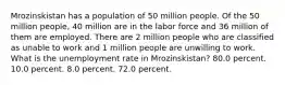 Mrozinskistan has a population of 50 million people. Of the 50 million people, 40 million are in the labor force and 36 million of them are employed. There are 2 million people who are classified as unable to work and 1 million people are unwilling to work. What is the unemployment rate in Mrozinskistan? 80.0 percent. 10.0 percent. 8.0 percent. 72.0 percent.