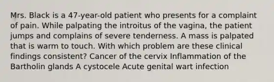 Mrs. Black is a 47-year-old patient who presents for a complaint of pain. While palpating the introitus of the vagina, the patient jumps and complains of severe tenderness. A mass is palpated that is warm to touch. With which problem are these clinical findings consistent? Cancer of the cervix Inflammation of the Bartholin glands A cystocele Acute genital wart infection