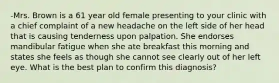 -Mrs. Brown is a 61 year old female presenting to your clinic with a chief complaint of a new headache on the left side of her head that is causing tenderness upon palpation. She endorses mandibular fatigue when she ate breakfast this morning and states she feels as though she cannot see clearly out of her left eye. What is the best plan to confirm this diagnosis?