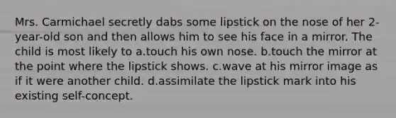 Mrs. Carmichael secretly dabs some lipstick on the nose of her 2-year-old son and then allows him to see his face in a mirror. The child is most likely to a.touch his own nose. b.touch the mirror at the point where the lipstick shows. c.wave at his mirror image as if it were another child. d.assimilate the lipstick mark into his existing self-concept.