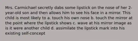 Mrs. Carmichael secretly dabs some lipstick on the nose of her 2-year-old son and then allows him to see his face in a mirror. This child is most likely to a. touch his own nose b. touch the mirror at the point where the lipstick shows c. wave at his mirror image as is it were another child d. assimilate the lipstick mark into his existing self-concept