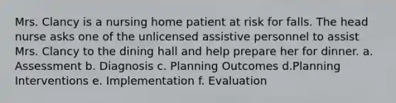 Mrs. Clancy is a nursing home patient at risk for falls. The head nurse asks one of the unlicensed assistive personnel to assist Mrs. Clancy to the dining hall and help prepare her for dinner. a. Assessment b. Diagnosis c. Planning Outcomes d.Planning Interventions e. Implementation f. Evaluation