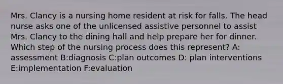 Mrs. Clancy is a nursing home resident at risk for falls. The head nurse asks one of the unlicensed assistive personnel to assist Mrs. Clancy to the dining hall and help prepare her for dinner. Which step of the nursing process does this represent? A: assessment B:diagnosis C:plan outcomes D: plan interventions E:implementation F:evaluation