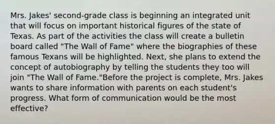 Mrs. Jakes' second-grade class is beginning an integrated unit that will focus on important historical figures of the state of Texas. As part of the activities the class will create a bulletin board called "The Wall of Fame" where the biographies of these famous Texans will be highlighted. Next, she plans to extend the concept of autobiography by telling the students they too will join "The Wall of Fame."Before the project is complete, Mrs. Jakes wants to share information with parents on each student's progress. What form of communication would be the most effective?