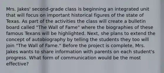 Mrs. Jakes' second-grade class is beginning an integrated unit that will focus on important historical figures of the state of Texas. As part of the activities the class will create a bulletin board called "The Wall of Fame" where the biographies of these famous Texans will be highlighted. Next, she plans to extend the concept of autobiography by telling the students they too will join "The Wall of Fame." Before the project is complete, Mrs. Jakes wants to share information with parents on each student's progress. What form of communication would be the most effective?